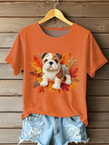 Women's Casual Cute Autumn Dog Pattern Printed Round Neck Short Sleeve T-Shirt