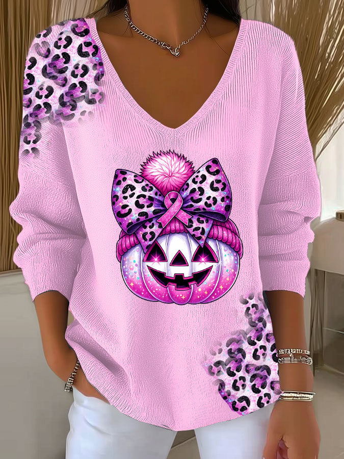 Women's Casual Breast Cancer Pumpkin Leopard Print Long Sleeve T-shirt