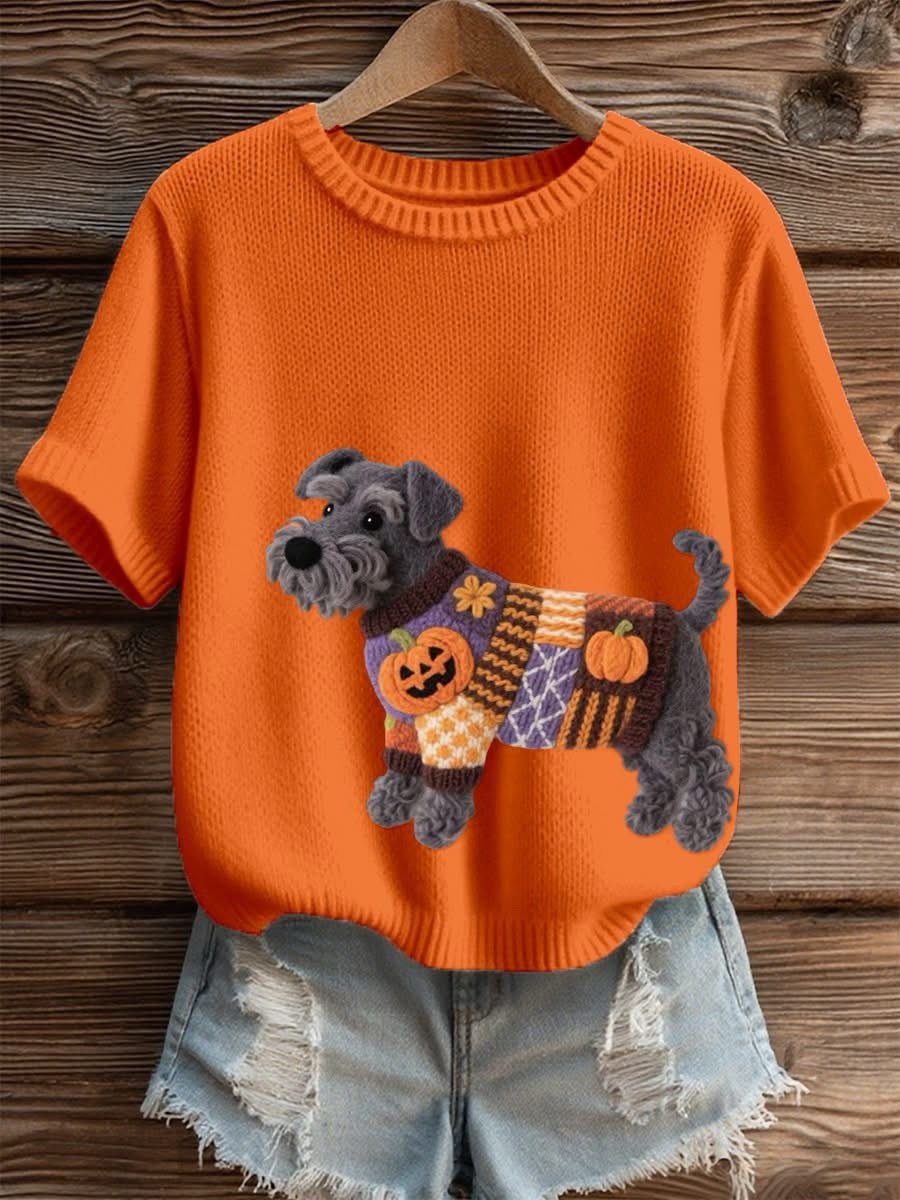 Women's Halloween Maple Leaf Puppy Knit Top