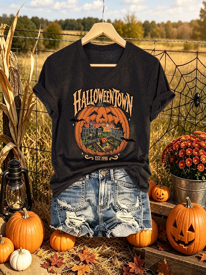 V-Neck Retro Halloweentown Est. 1998 Print T-Shirt