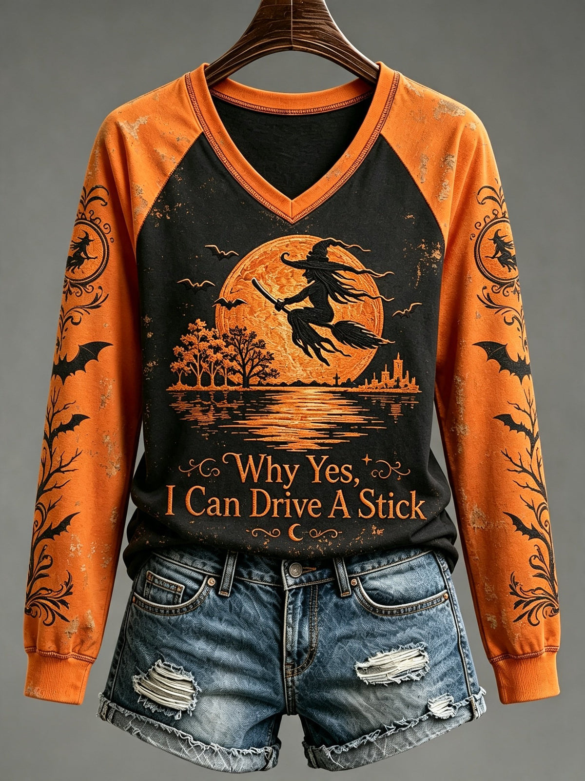 Women's Halloween Why Yes, I Can Drive A Stick Print T-Shirt
