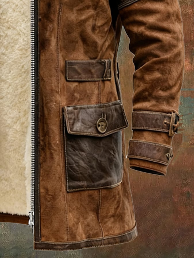 Men's Vintage Brown Shearling Coat With Fur Collar