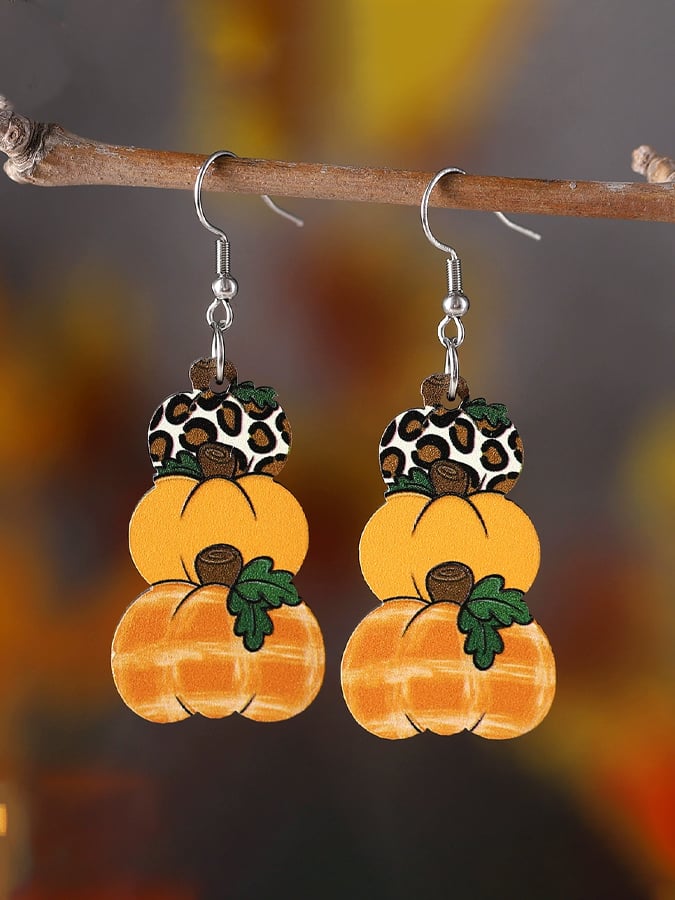 Women's Autumn Harvest Polka Dot Check Pumpkin Flower Pendant Earrings Wooden Double-Sided Earrings