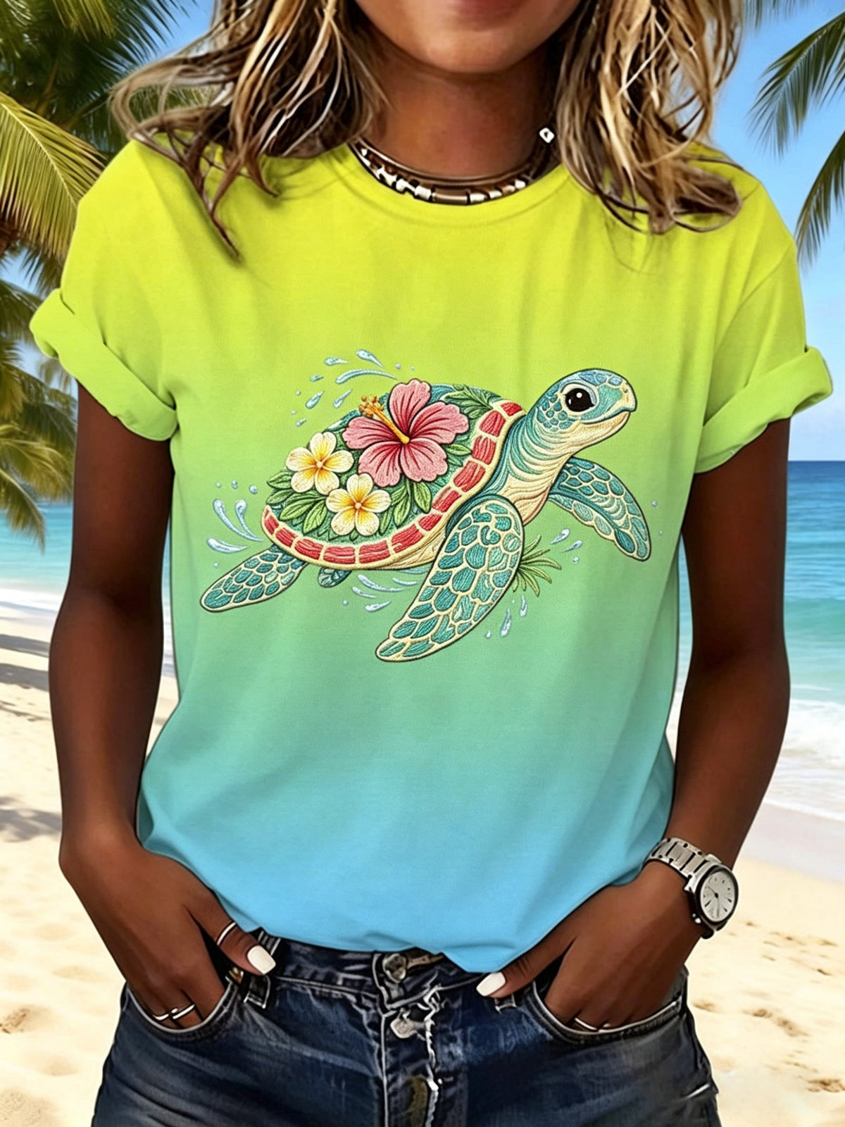 Women's Retro Turtle Print Crew Neck T-Shirt