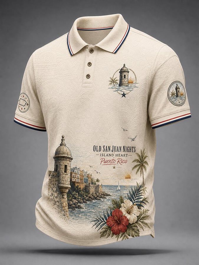 Men's Casual Puerto Rico Print Polo Shirt