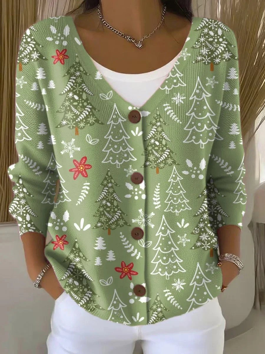Women's Christmas Tree Print Chunky Knit Cardigan