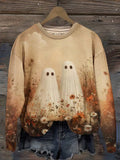 Women's autumn and winter Halloween retro cute ghost wild grass flower print casual sweatshirt