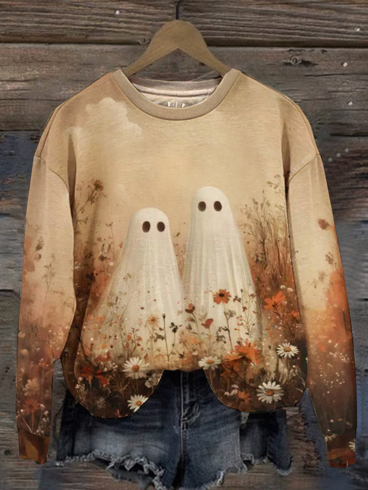 Women's autumn and winter Halloween retro cute ghost wild grass flower print casual sweatshirt
