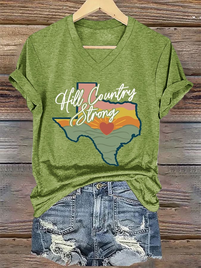 V-Neck Retro Texas Strong Hill Country Strong Print T-Shirt