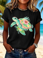 Retro Vacation Beach Colorful Sea Turtle Floral Print T-Shirt