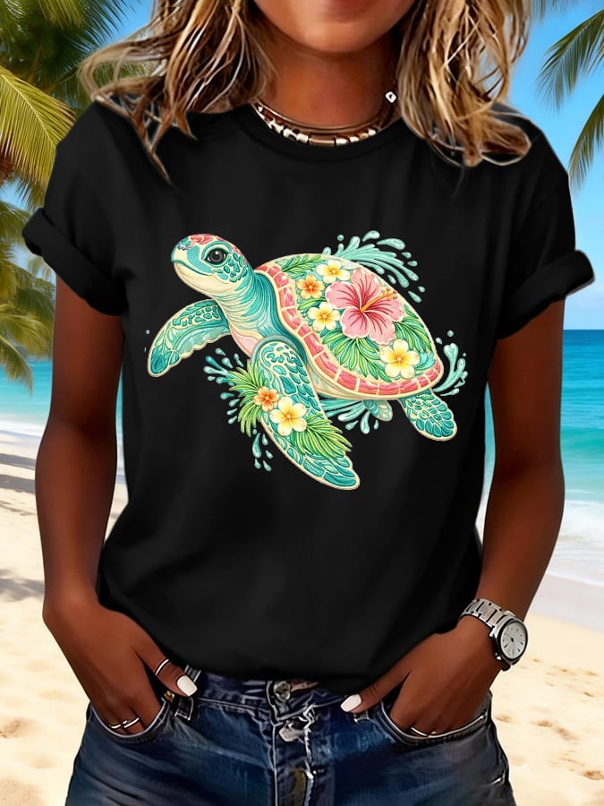 Retro Vacation Beach Colorful Sea Turtle Floral Print T-Shirt