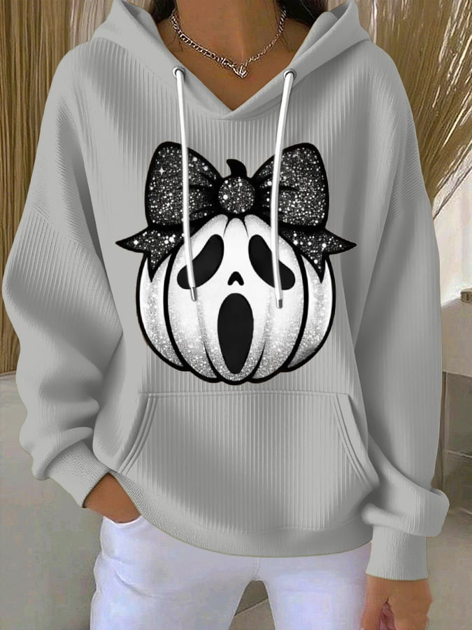 Women's Pumpkin Face Print Casual Hooded Sweatshirt