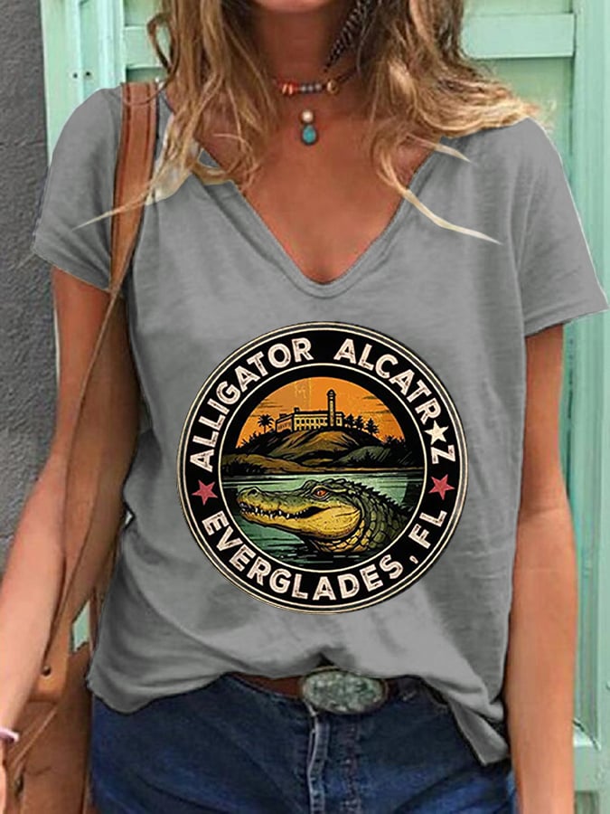 Women's Alligator Alcatraz Funny Florida Everglades Dark Humor Printed T-Shirt