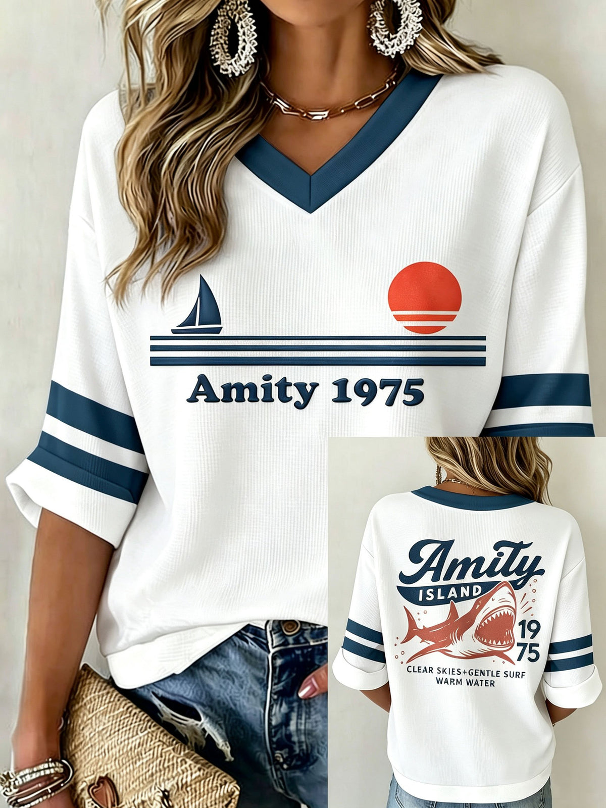 Women's Great White Shark Print Long-Sleeve Top