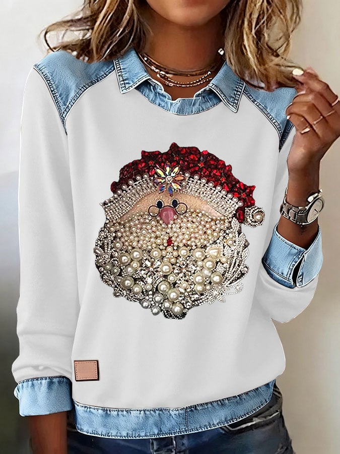 Women's Santa Head Printed Comfortable Denim Patchwork Sweatshirt
