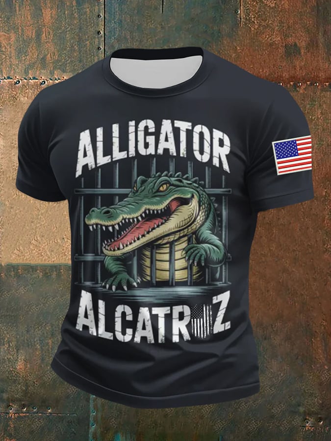 Men's Retro Alligator Alcatraz Funny Florida Everglades Dark Humor Patoitic Print T-Shirt