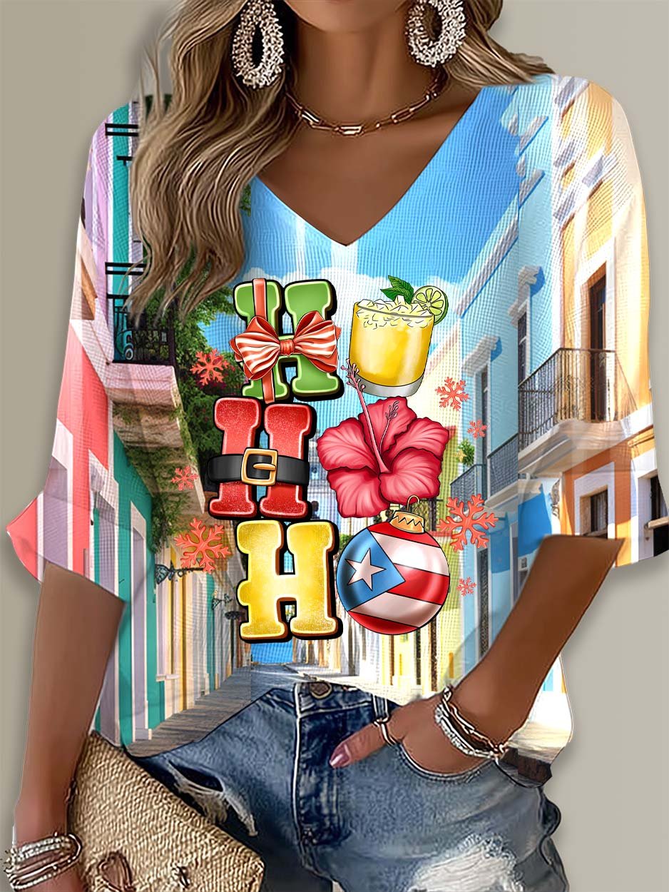 Ho Ho Ho Christmas Puerto Rico Printed Long Sleeve Top