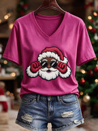 Black Women'S Christmas-Themed Printed Casual T-Shirt