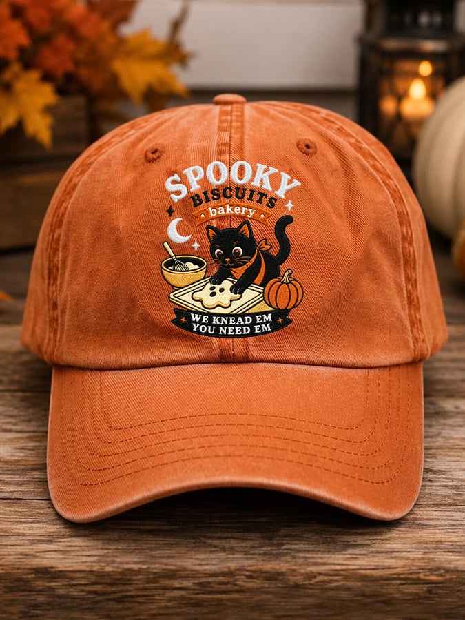 Retro Halloween Cat Baking Pumpkin Ghost Spooky Biscuits Bakery We Knead Em You Need Em Print Baseball Cap