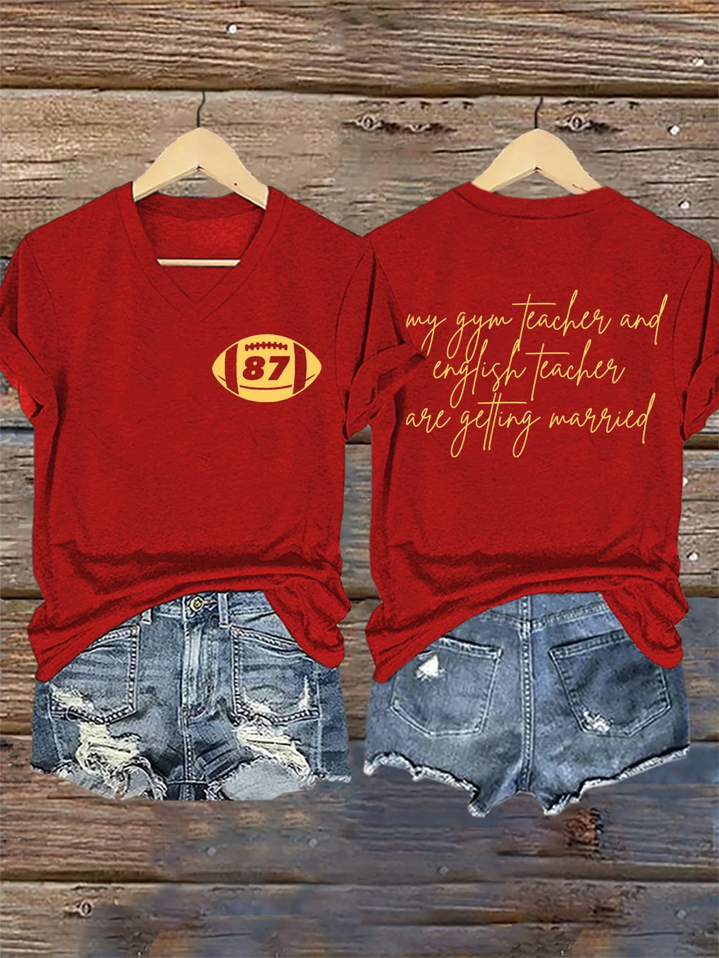 V-Neck Retro 87 Football My English Teacher And Gym Teacher Are Getting Married Print T-Shirt