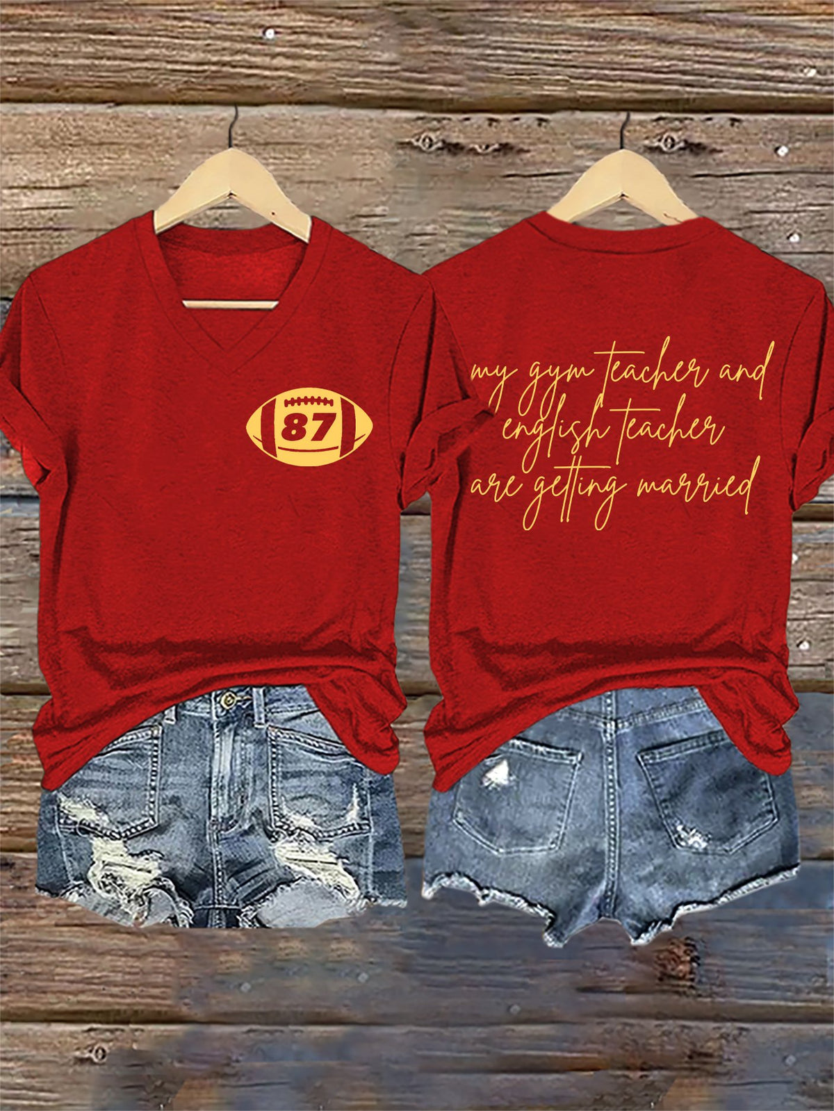 V-Neck Retro 87 Football My English Teacher And Gym Teacher Are Getting Married Print T-Shirt