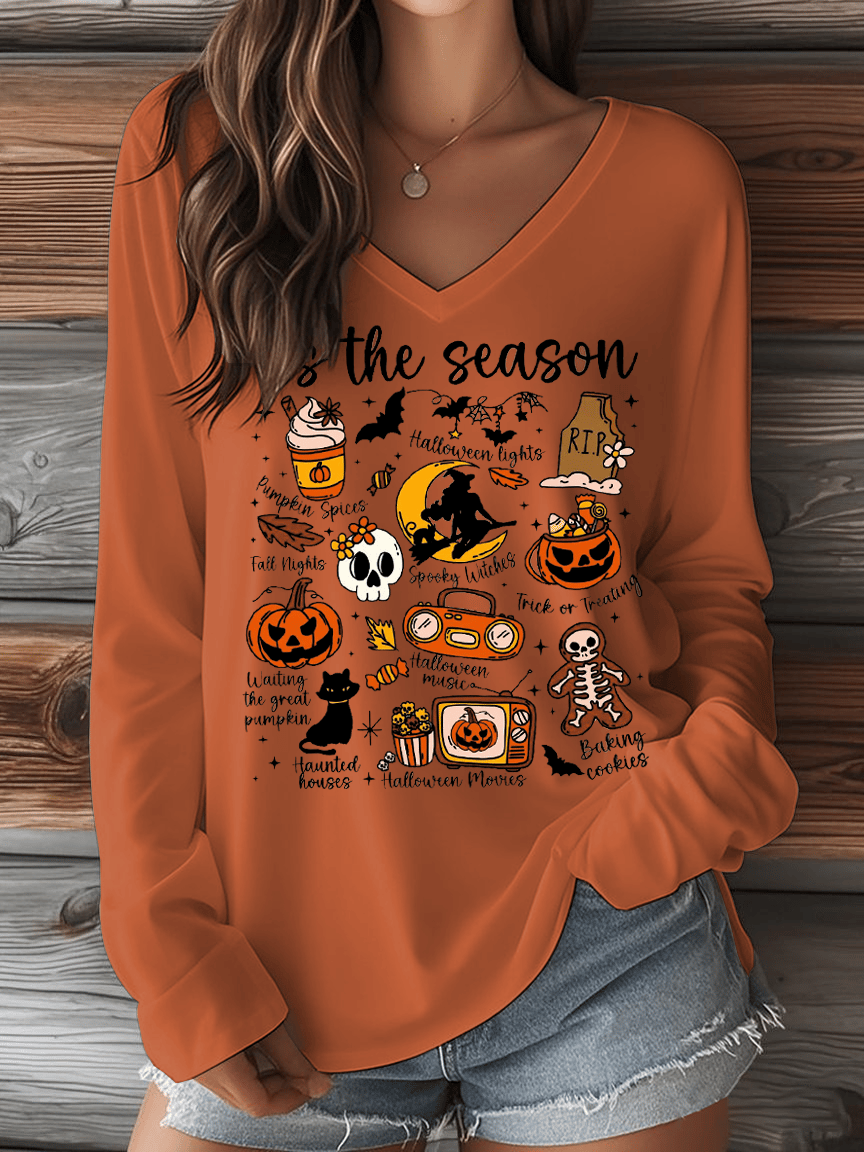 Women's Halloween Tis The Season Print V-Neck Long Sleeve T-Shirt