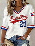 Women's Puerto Rican Baseball Print V-Neck Top