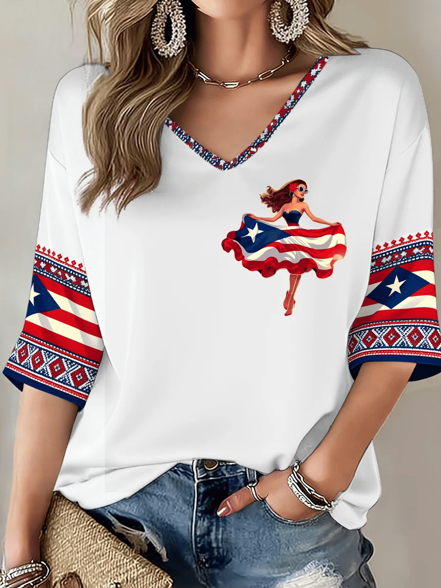 Women Puerto Rico Print Casual T-Shirt