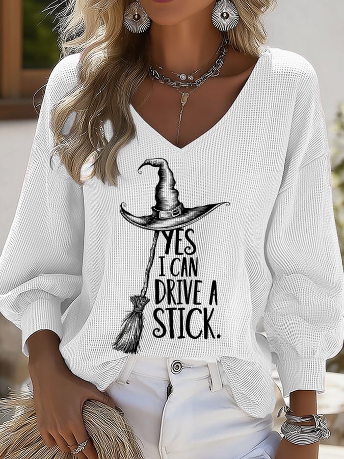 Women's Halloween YES I CAN DRIVE A STICK Print Casual Puff Sleeve Top