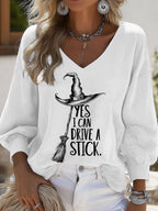 Women's Halloween YES I CAN DRIVE A STICK Print Casual Puff Sleeve Top