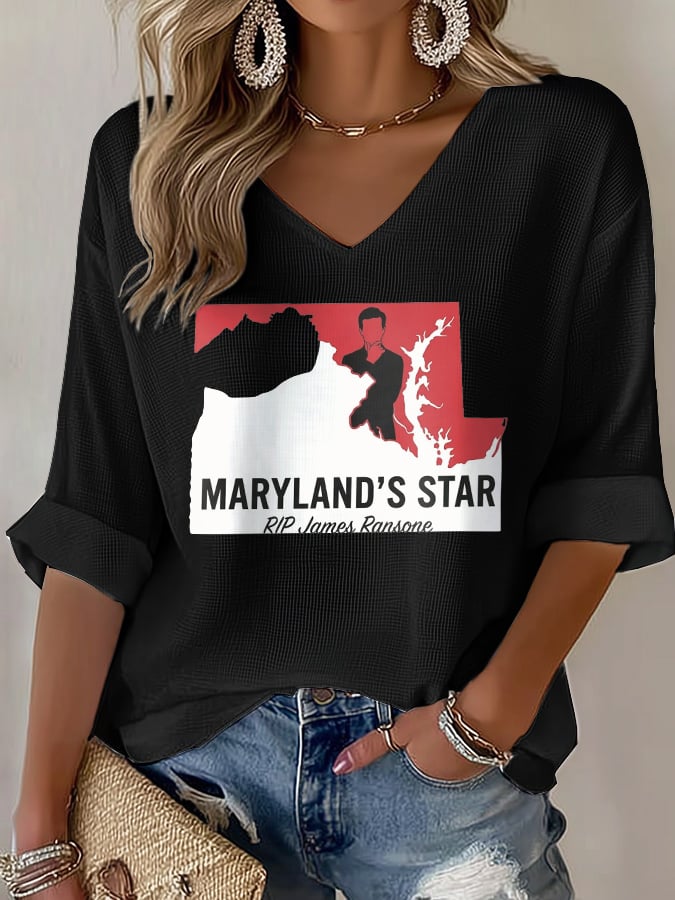 V-Neck Retro Maryland's Star Print T-Shirt