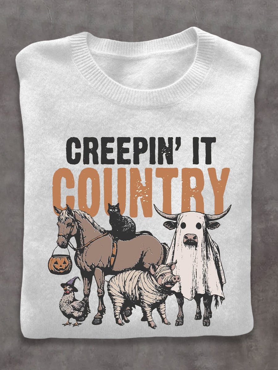 Cow Horse Black Cat Pig Ghost West Halloween Art Print Thin Sweater