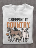 Cow Horse Black Cat Pig Ghost West Halloween Art Print Thin Sweater