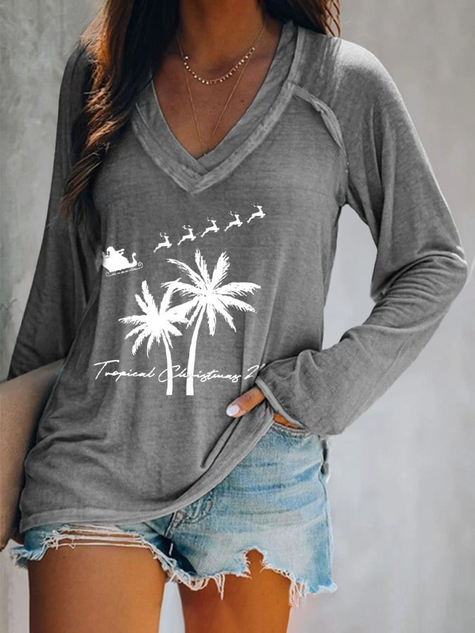 Women's Tropical Christmas Print Long Sleeve T-Shirt