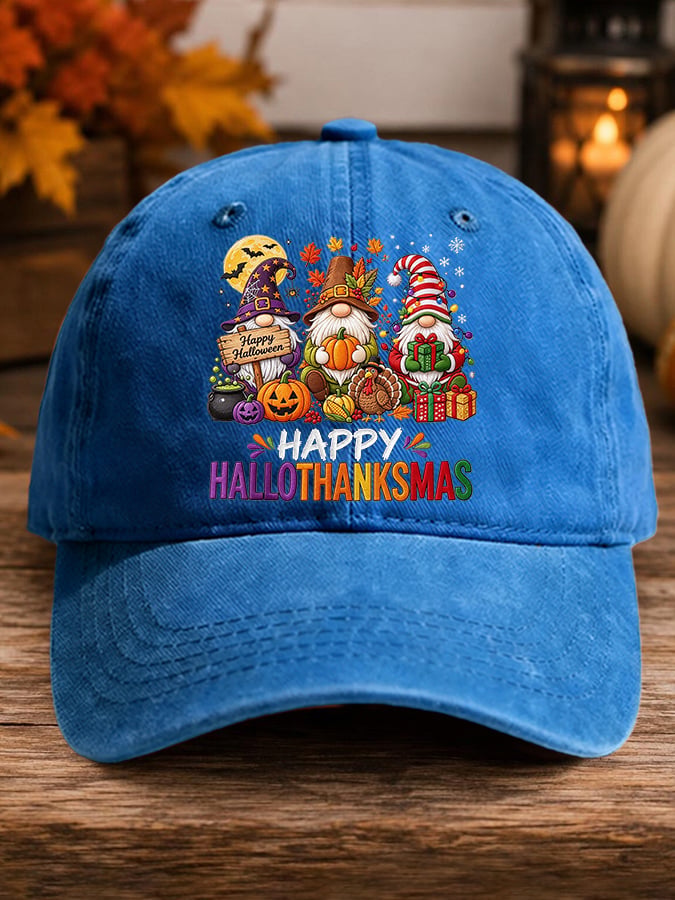 Retro Happy Hallothanksmas Gnome Halloween Thanksgiving Christmas Print Baseball Cap