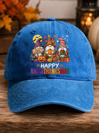 Retro Happy Hallothanksmas Gnome Halloween Thanksgiving Christmas Print Baseball Cap