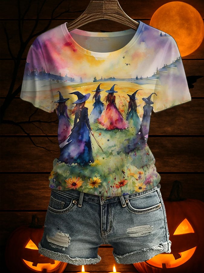 Women's Witches Art Printed Short Sleeve T-Shirt