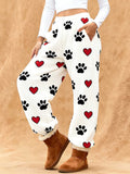 Women's Animal Paw Print Heart Pattern Print Flannel Casual Pants