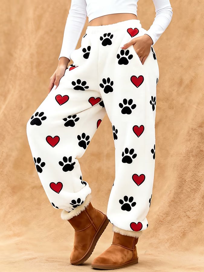 Women's Animal Paw Print Heart Pattern Print Flannel Casual Pants