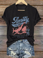 Women's Retro  Amity Island 1975 Clear Skies Gentle Surf Warm Water Print T-Shirt