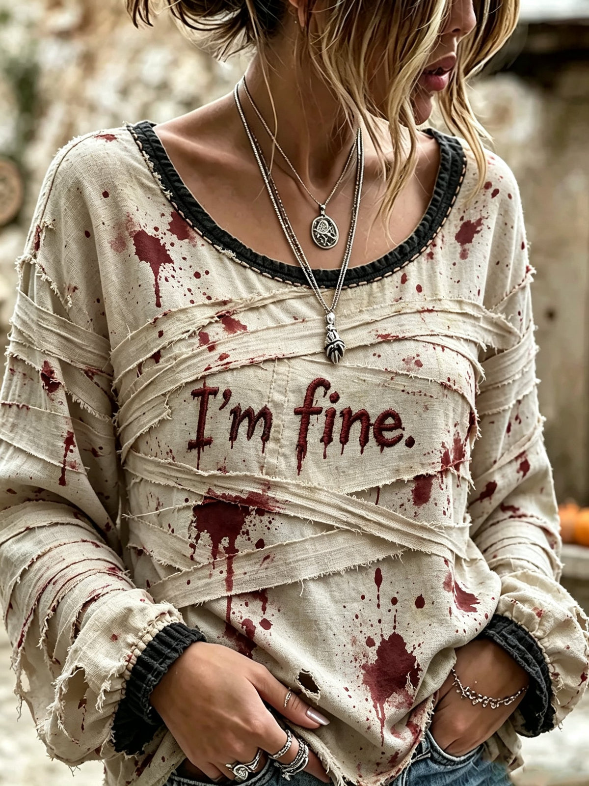 Women's Retro I'm fine Bloodstain Print Long-Sleeve T-Shirt