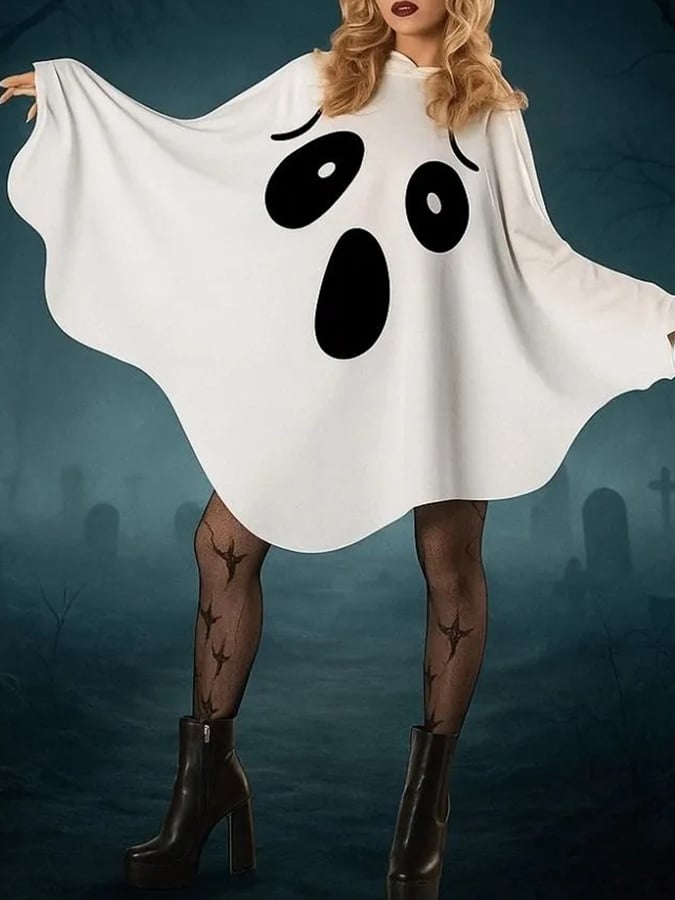 Unisex Ghost Print Halloween Hooded Cape