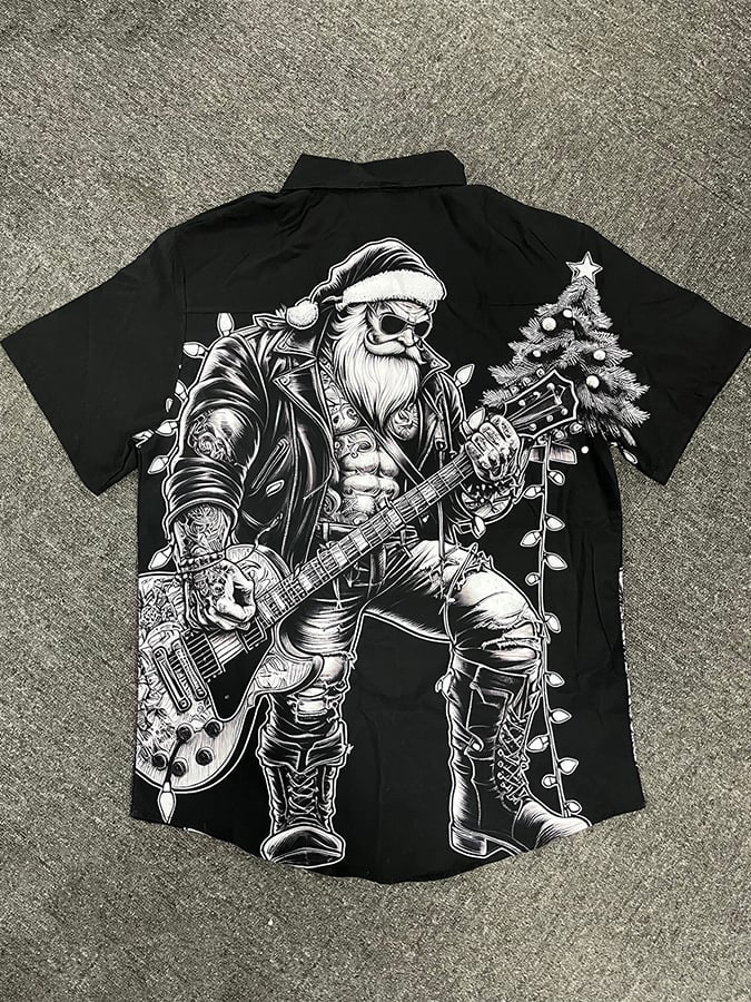 Men's Musical Santa Print Fashion Short Sleeve Shirt