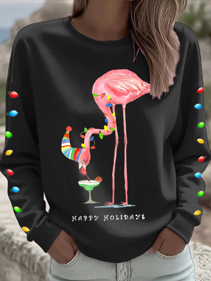 Women's Christmas Flamingo Light String Print Sweatshirt