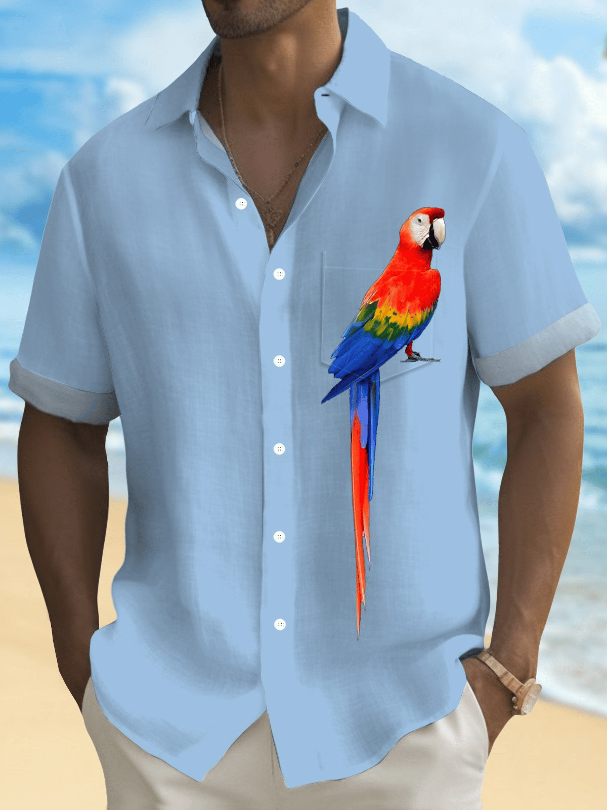 Men's Hawaiian Shirt Flora Parrot Print Pocket Short Sleeve Shirt