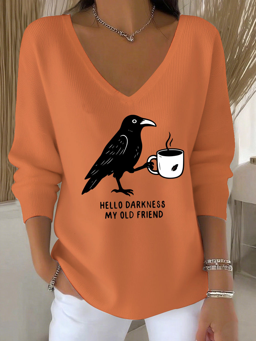 Women's Autumn Hello My Old Friend Crow Print Casual Top