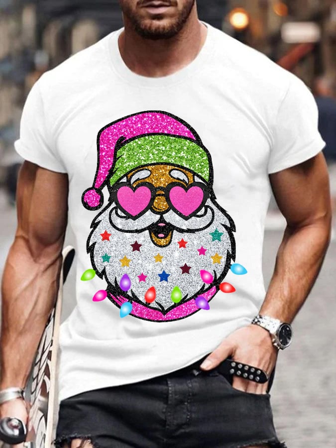 Men's Casual Shiny Santa Print T-Shirt