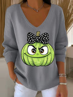 Women's Halloween Ghost Face Print Long Sleeve Knit Top