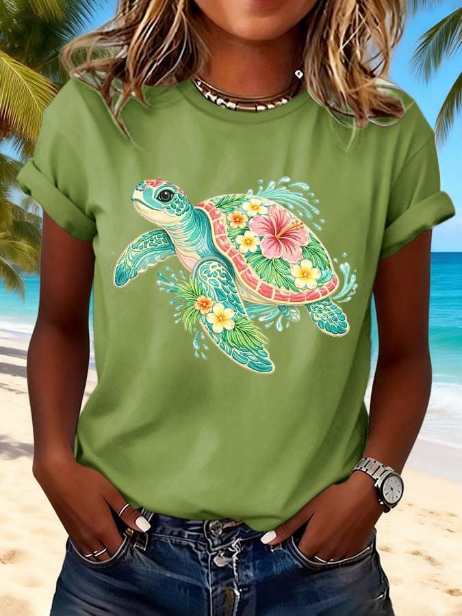 Retro Vacation Beach Colorful Sea Turtle Floral Print T-Shirt