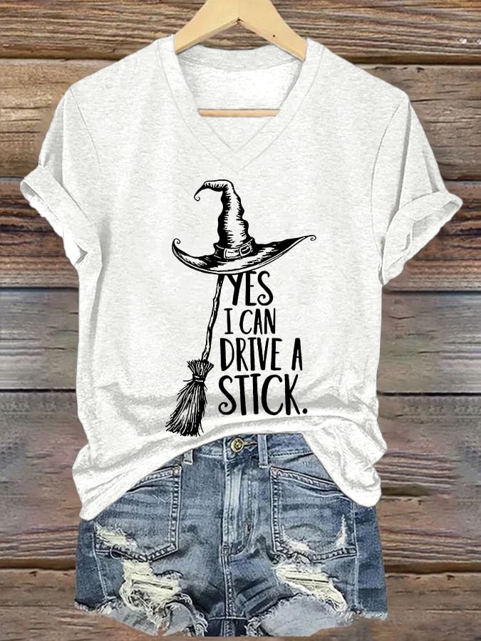 Women's Yes I Can Drive A Stick Print V Neck T-shirt